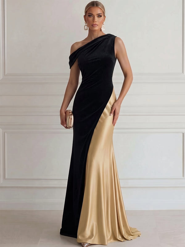 Sheath/Column Evening Dresses Elegant One-Shoulder Sleeveless Floor-Length Luxury Velvet Dresses with Pleats/Back Zipper