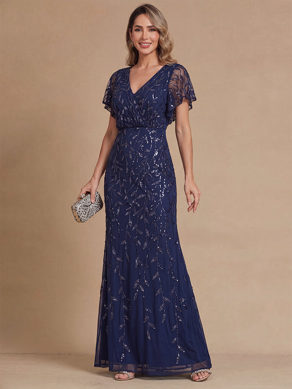 Sheath/Column Mother of the Bride Dresses Formal Dresses V-Neck Short Sleeves Floor-Length Sequin Tulle Dresses Floral Dresses With Pleats/Back Zipper