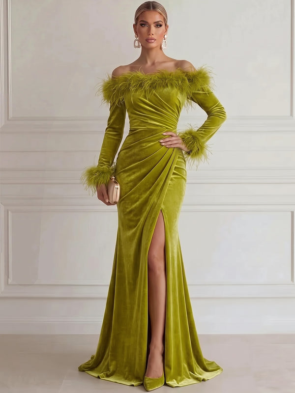 Sheath/Column Evening Dresses Elegant Velvet Off-the-Shoulder Long Sleeves Floor-Length Luxury Dresses with Feather/Front Slit/Pleats/Back Zipper