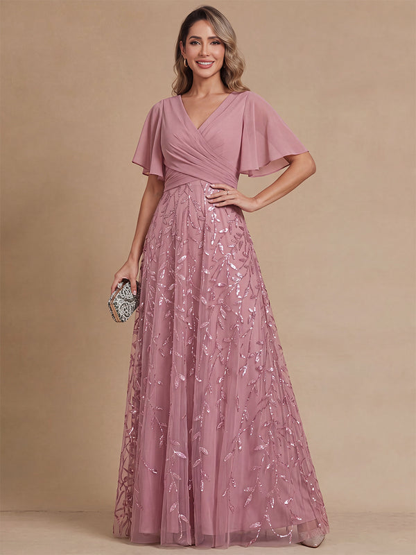 A-Line/Princess Mother of the Bride Dresses Formal Dresses V-Neck Half Sleeves Floor-Length Tulle/Chiffon Dresses With Pleats/Sequin/Floral/Back Zipper