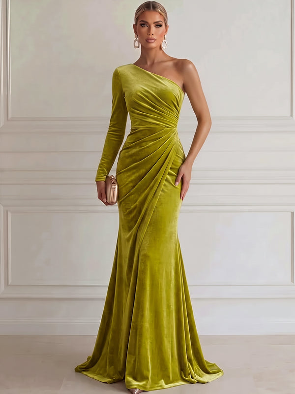 Sheath/Column Evening Dresses Luxury Dresses One-Shoulder Long Sleeves Floor-Length Elegant Velvet Dresses with Pleats/Back Zipper