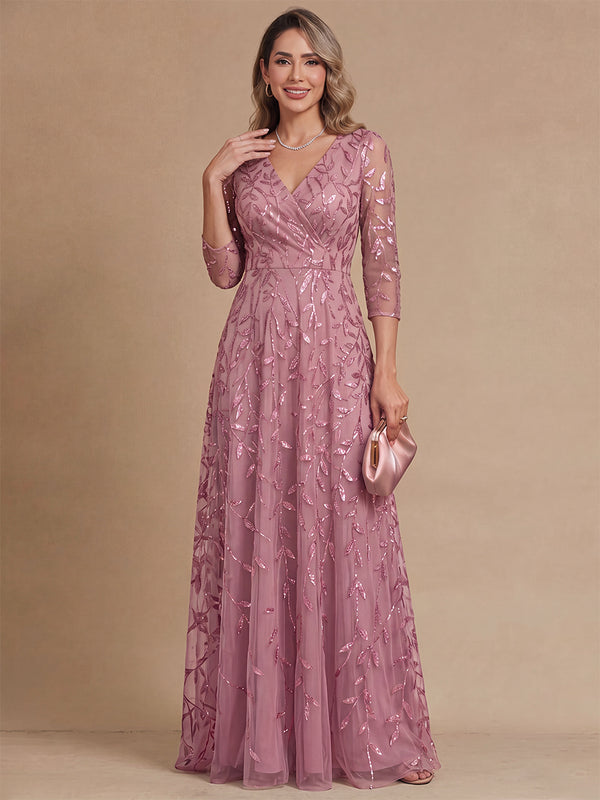 A-Line/Princess Mother of the Bride Dresses Formal Dresses V-Neck 3/4 Sleeves Floor-Length Sequin Tulle Dresses With Floral/Pleats/Back Zipper