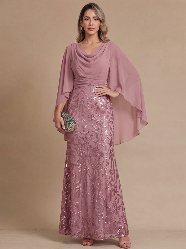 Sheath/Column Mother of the Bride Dresses Formal Dresses Cowl Neck Half Sleeves Floor-Length Tulle/Chiffon Dresses With Floral/Cape/Sequin/Back Zipper