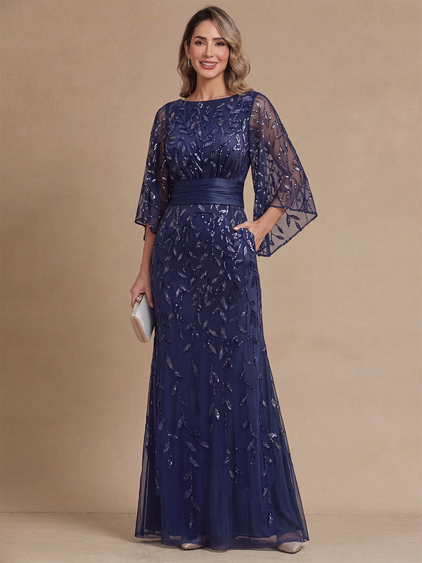 Sheath/Column Mother of the Bride Dresses Formal Dresses Tulle Dresses Scoop Neck 3/4 Sleeves Floor-Length Sequin Floral Dresses With Pocket/Pleats/Back Zipper
