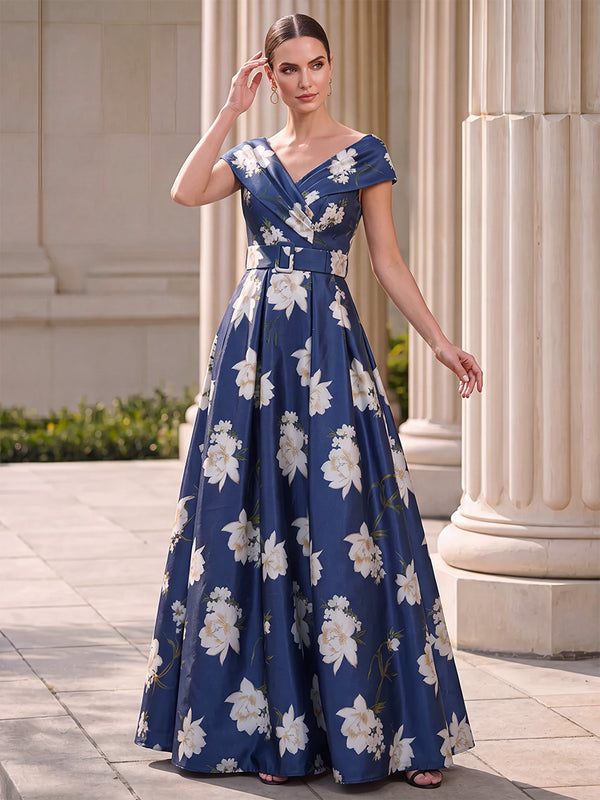 A-Line/Princess Mother of the Bride Dresses Floral Dresses Off-the-Shoulder Sleeveless Floor-Length Elegant Satin/Floral Printed Dresses With Belt/Back Zipper