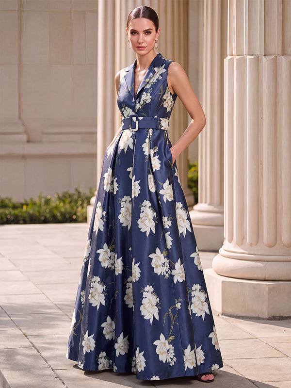 A-Line/Princess Mother of the Bride Dresses V-Neck Sleeveless Floor-Length Elegant Satin/Floral Printed Dresses With Belt/Pocket/Back Zipper