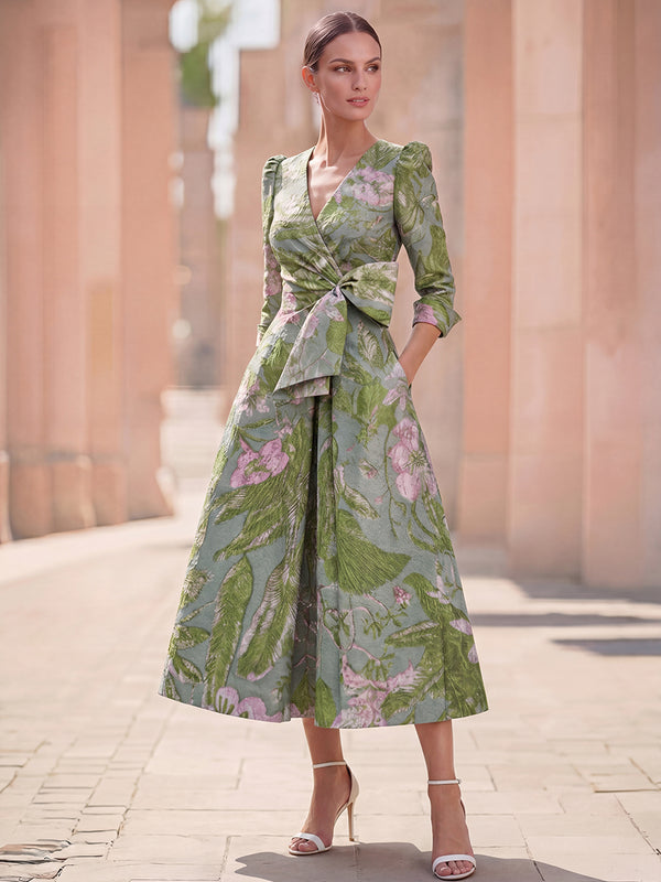 A-Line/Princess Cocktail Dresses V-Neck 3/4 Sleeves Tea-Length Satin Formal Dresses/Jacquard Dresses With Pleated/Back Zipper