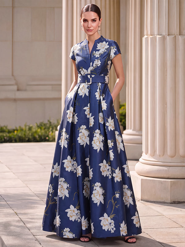 A-Line/Princess Mother of the Bride Dresses Scoop Neck Short Sleeves Floor-Length Elegant Satin/Floral Printed Dresses With Belt/Pocket/Back Zipper