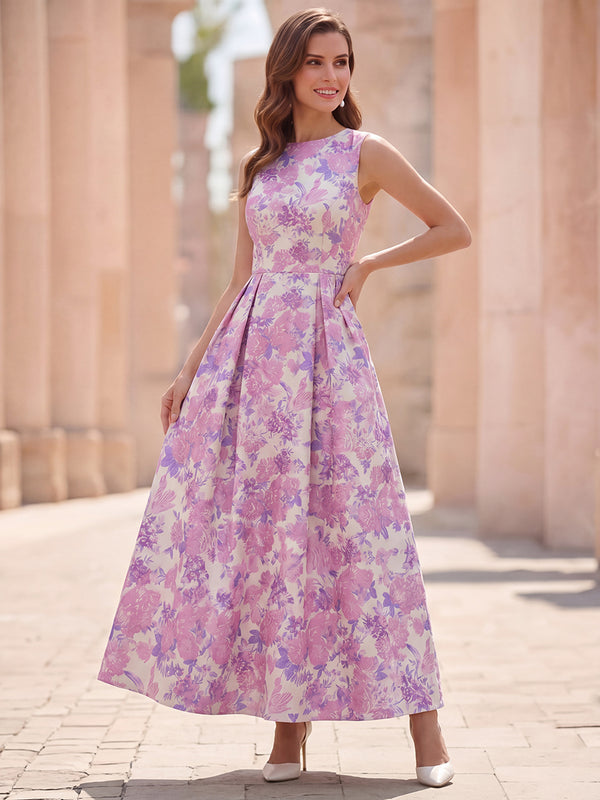 A-Line/Princess Mother Of The Bride Dresses Scoop Neck Sleeveless Ankle-Length Satin Formal Dresses/Floral Printed Dresses With Pleats/Back Zipper