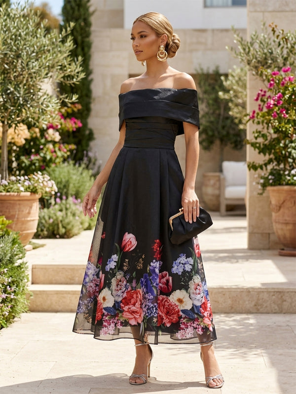 A-Line/Princess Mother of the Bride Dress Formal Dresses Off-the-Shoulder Sleeveless Ankle-Length  Satin Bodice With Printed Organza Skirt