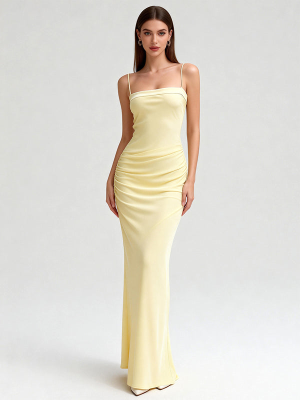 Sheath/Column Wedding Guest Dresses Spaghetti Straps Sleeveless Floor-length Satin Dresses With Pleats