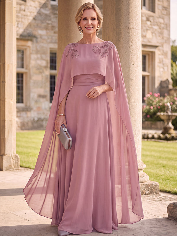 A-Line/Princess Mother of the Bride Dresses Scoop Neck Half Sleeves Floor-Length Chiffon Dresses With Back Zipper