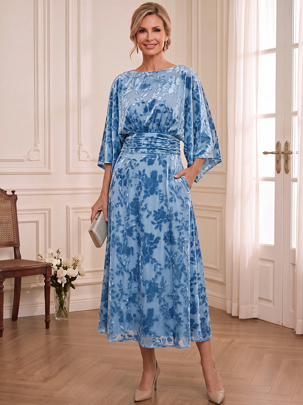 A-Line/Princess Mother of the Bride Dresses Scoop Neck Half Sleeves Tea-Length Velvet Floral Dresses With Pleats/Back Zipper