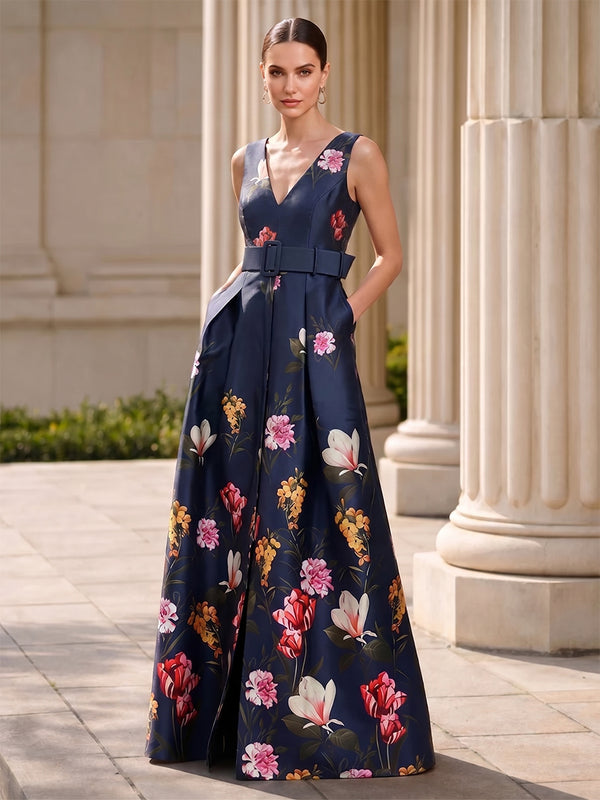 A-Line/Princess Evening Dresses V Neck Sleeveless Floor-Length Floral Mother Of The Bride Formal Dresses With Floral Print/Belt
