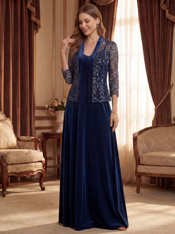 2 Pieces A-Line/Princess Mother Of The Bride Dresses Velvet Scoop Neck 3/4 Sleeves Floor-Length With Jacket