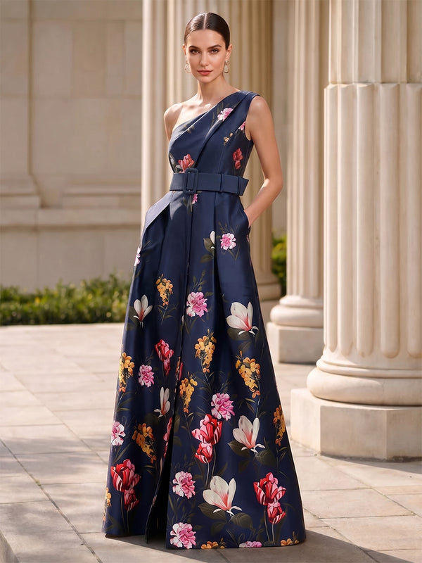 A-Line/Princess Evening Dresses Satin One-Shoulder Sleeveless Floor-Length Floral Dresses/Mother Of The Bride Dresses With Floral Print/Belt