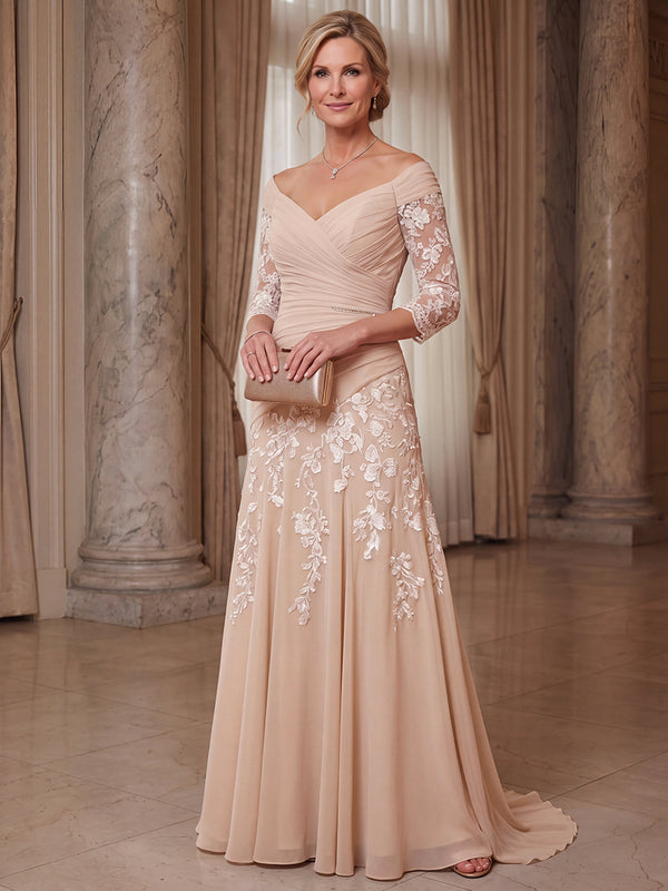 A-Line/Princess Mother of the Bride Dresses Chiffon Dresses Off-the-Shoulder 3/4 Sleeves Floor-Length Floral Dresses With Lace/Pleats/Back Zipper
