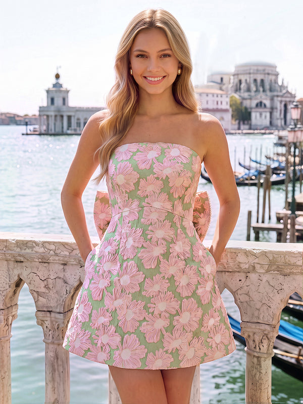 A-Line/Princess Homecoming Dresses Bow Floral Dresses Strapless Sleeveless Short/Mini Pockets Jacquard Dresses With Pockets/Ruffles/Pearls/Back Zipper