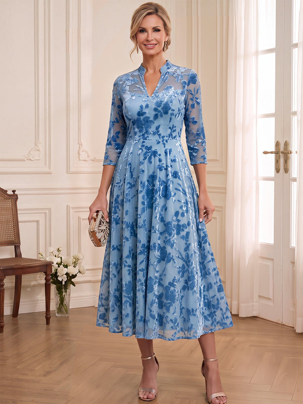 A-Line/Princess Mother of the Bride Dresses V-Neck 3/4 Sleeves Tea-Length Velvet Floral Dresses With Pleats/Back Zipper