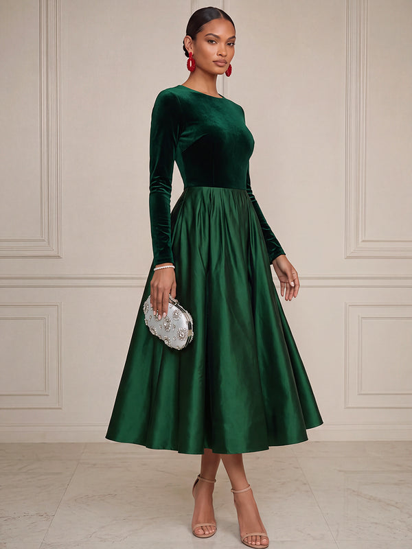 A-Line/Princess Cocktail Dresses Scoop Neck Long Sleeves Tea-Length Velvet Dresses/Formal Dresses With Pleats/Back Zipper