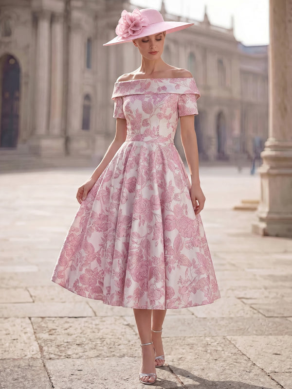 A-Line/Princess Cocktail Dresses Floral Dresses Off-The-Shoulder Short Sleeves Tea-Length Satin Jacquard Dresses With Pleats/Back Zipper