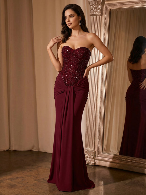 A-Line/Princess Evening Dresses Strapless Sleeveless Floor-Length Sequin/Spandex Dresses Party Dresses With Back Zipper/Pleats