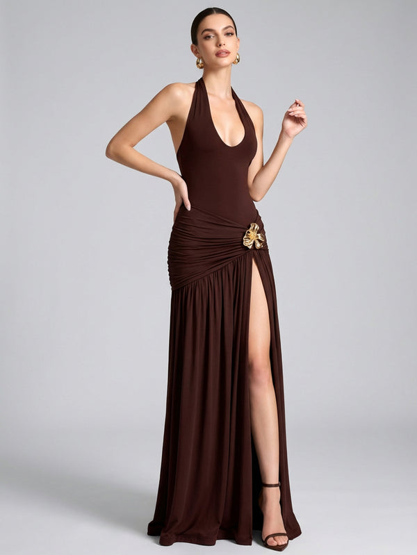 A-Line/Princess Wedding Guest Dresses Halter Sleeveless Floor-length Stretch jersey Dresses With High Split Side/Backless/Pleats