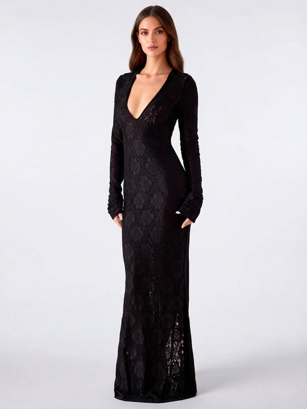 Sheath/Column Wedding Guest Dresses V-Neck Long Sleeves Floor-length Lace Formal Dresses With Back Split