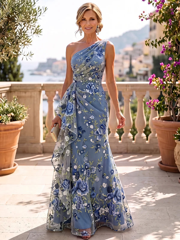 A-Line/Princess Mother of the Bride Dresses Embroidered Dresses One-Shoulder Sleeveless Floor-Length Floral Dresses With Ruffles/Pleats/Back Zipper