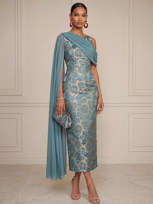 Sheath/Column Cocktail Dresses Floral Dresses Scoop Neck Sleeveless Tea-Length Satin Formal Dresses With Back Zipper