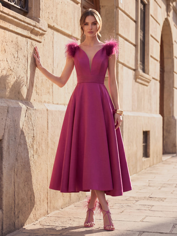 A-Line/Princess Cocktail Dresses Satin V-Neck Sleeveless Tea-Length With Feathers/Pleats/Back Zipper