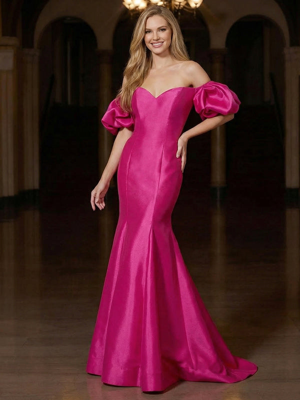 Trumpet/Mermaid Evening Dresses Off-the-Shoulder Sleeveless Floor-Length Satin Dresses/Red Carpet Dresses With BackZipper/Pleats