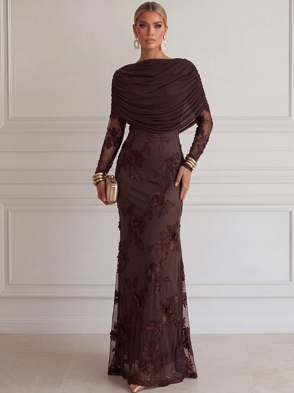Sheath/Column Evening Dresses Scoop Neck Long Sleeves Floor-Length Floral Lace Dresses With Pleats/Cape/Back Zipper