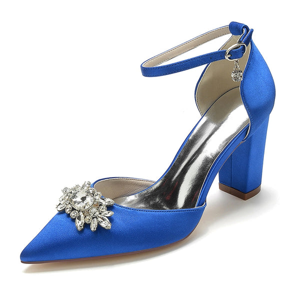Women's Wedding Shoes Chunky Heel Pointed Toe Sparkling Rhinestone Buckle Bridal Shoes