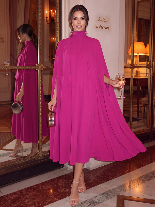 A-Line/Princess Cocktail Dresses High Neck Long Sleeves Tea-Length Chiffon Holiday Dresses With Pleats/Back Bow