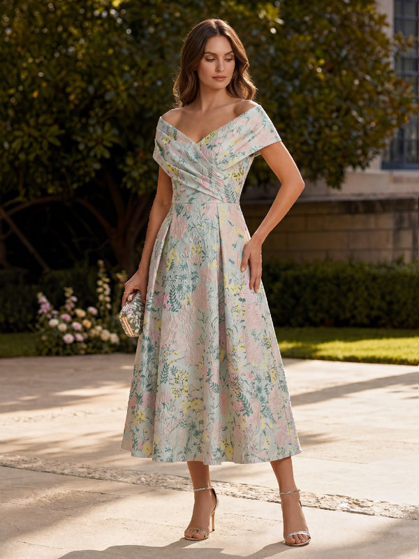 A-Line/Princess Cocktail Dresses Floral Dresses Off-The-Shoulder Sleeveless Tea-Length Jacquard Dresses With Pleats/Back Zipper