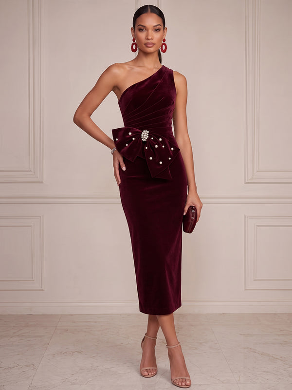 Sheath/Column Cocktail Dresses Velvet One-Shoulder Sleeveless Tea-Length Formal Dresses With Bow/Pearls/Back Zipper