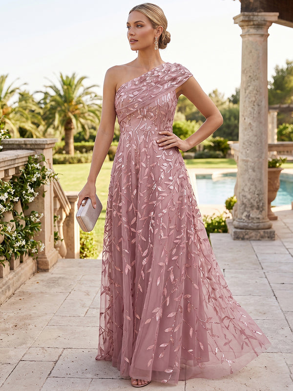 A-Line/Princess Mother of the Bride Dresses Formal Dresses One-Shoulder Sleeveless Floor-Length Floral Printed With Pleats&Back Zipper