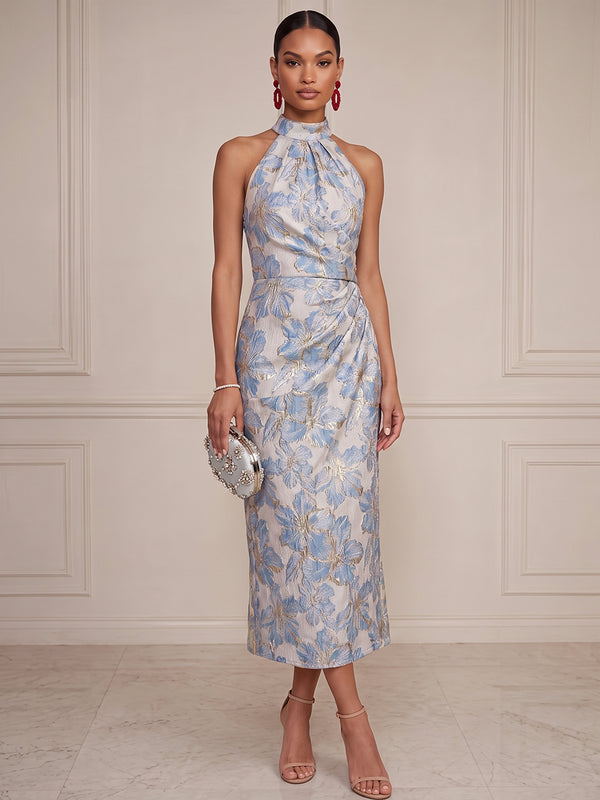 Sheath/Column Cocktail Dresses Floral Dresses Halter Sleeveless Tea-Length Jacquard Dresses With Pleats/Back Zipper