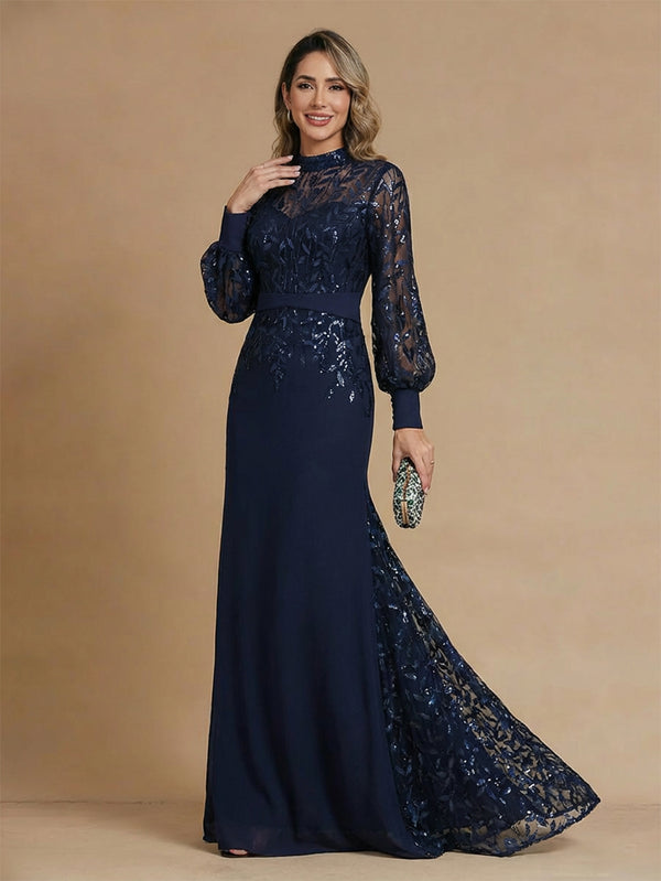 Trumpet/Mermaid Mother of the Bride Dresses Formal Dresses Scoop Neck Long Sleeves Sweep Train Floral Printed With Pleats/Back Zipper