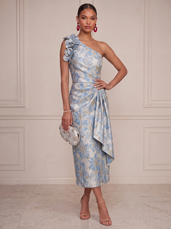 Sheath/Column Cocktail Dresses Floral Dresses One-Shoulder Sleeveless Tea-Length Jacquard Dresses With 3D Flower/Pleats/Back Zipper