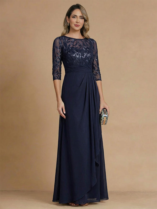 A-Line/Princess Mother of the Bride Dresses Formal Dresses Scoop Neck Half Sleeves Floor-Length Floral Printed&Chiffon Dresses With Pleats&Back Zipper