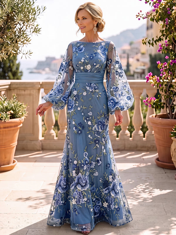 A-Line/Princess Mother of the Bride Dresses Scoop Neck Long Sleeves Floor-Length Embroidered Dresses Floral Dresses With Pleats/Back Zipper