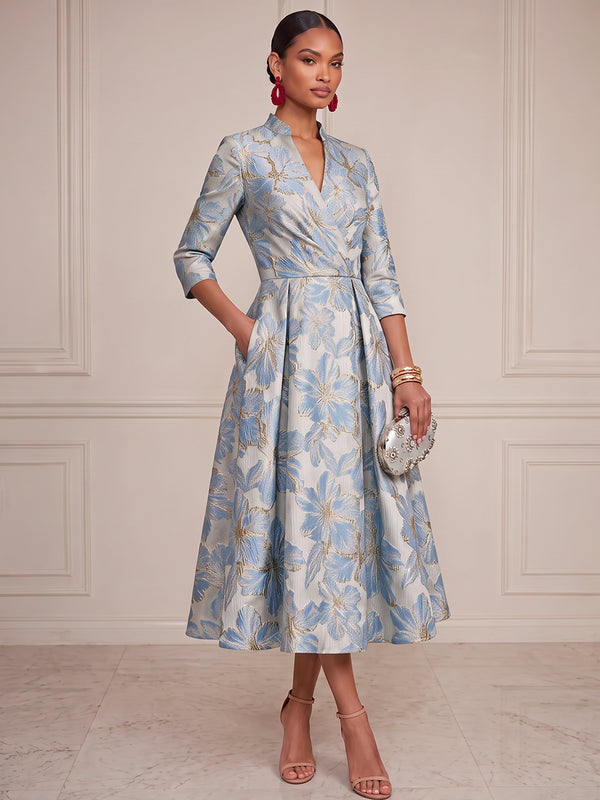 A-Line/Princess Cocktail Dresses Floral Dresses High Neck 3/4 Sleeves Tea-Length Jacquard Dresses With Pleats/Back Zipper