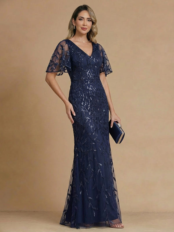 Sheath/Column Mother of the Bride Dresses Formal Dresses V-Neck Short Sleeves Floor-Length Floral Printed Dresses With Pleats&Back Zipper