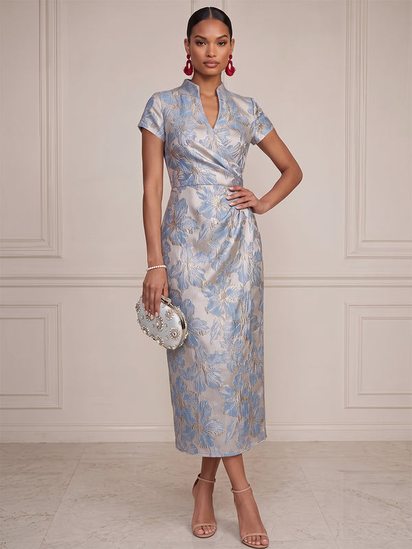 Sheath/Column Cocktail Dresses Floral Dresses High Neck Short Sleeves Tea-Length Jacquard Dresses With Pleats/Back Zipper