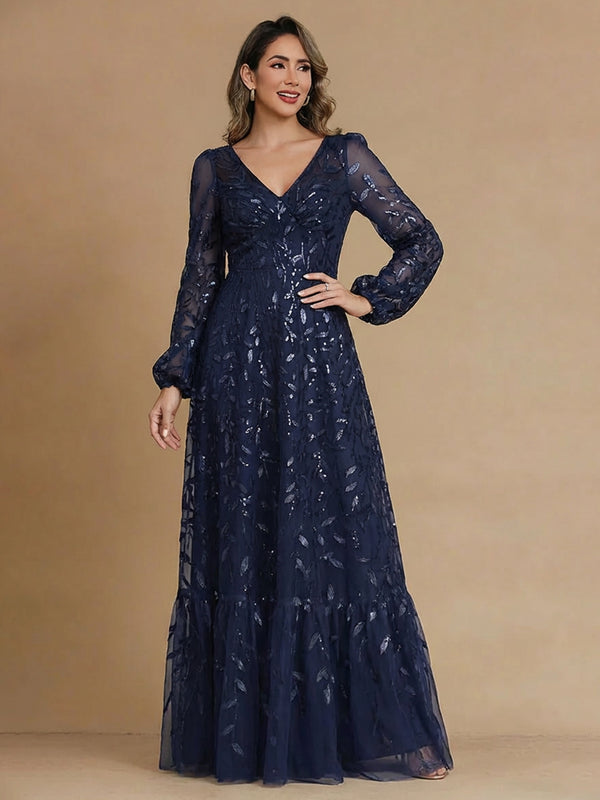 A-Line/Princess Mother of the Bride Dresses Formal Dresses V-Neck Long Sleeves Floor-Length Floral Printed Dresses With Pleats&Back Zipper
