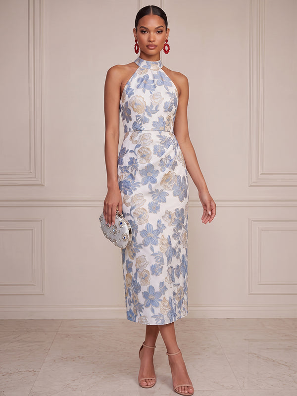 Sheath/Column Cocktail Dresses Floral Dresses Halter Sleeveless Tea-Length Jacquard Dresses/Formal Dresses With Pleats/Back Zipper