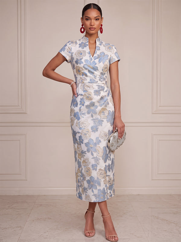 Sheath/Column Cocktail Dresses Floral Dresses High Neck Short Sleeves Tea-Length Jacquard Dresses/Formal Dresses With Pleats/Back Zipper