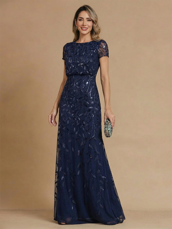 A-Line/Princess Mother of the Bride Dresses Scoop Neck Short Sleeves Floor-Length Formal Floral Printed Dresses With Pleats&Back Zipper
